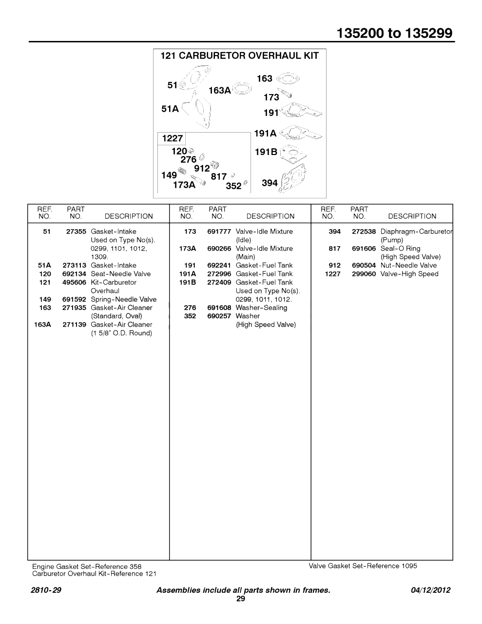 Kits/Gasket Sets - Carburetor Diagram and Parts List for 135207-0325-XX  Briggs and Stratton Engine